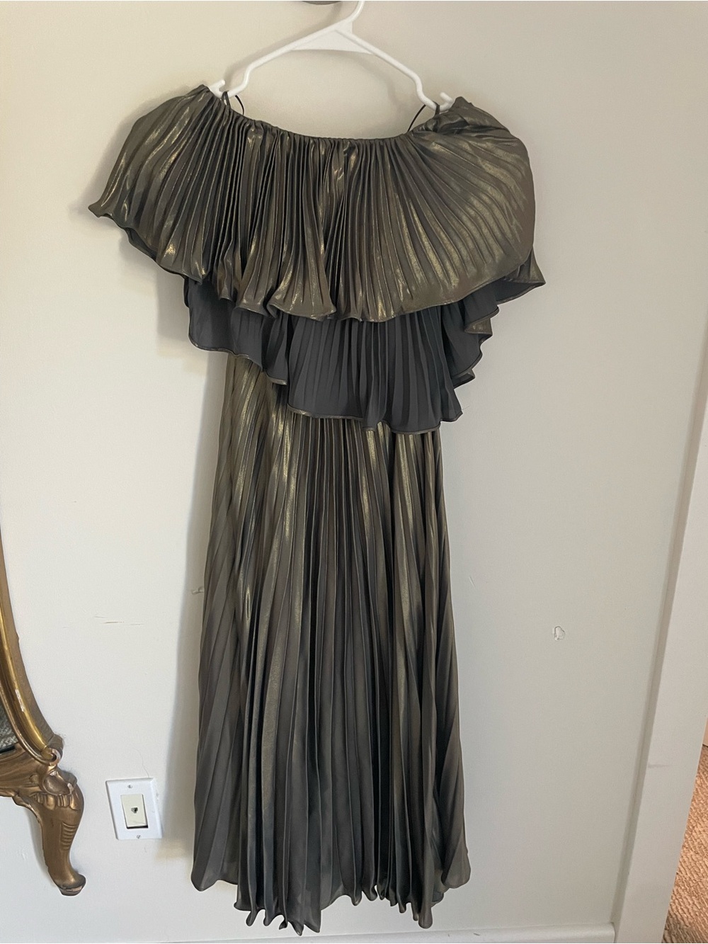 Anthropologie Shimmery Olive-Green Pleated Off-Shoulder Dress